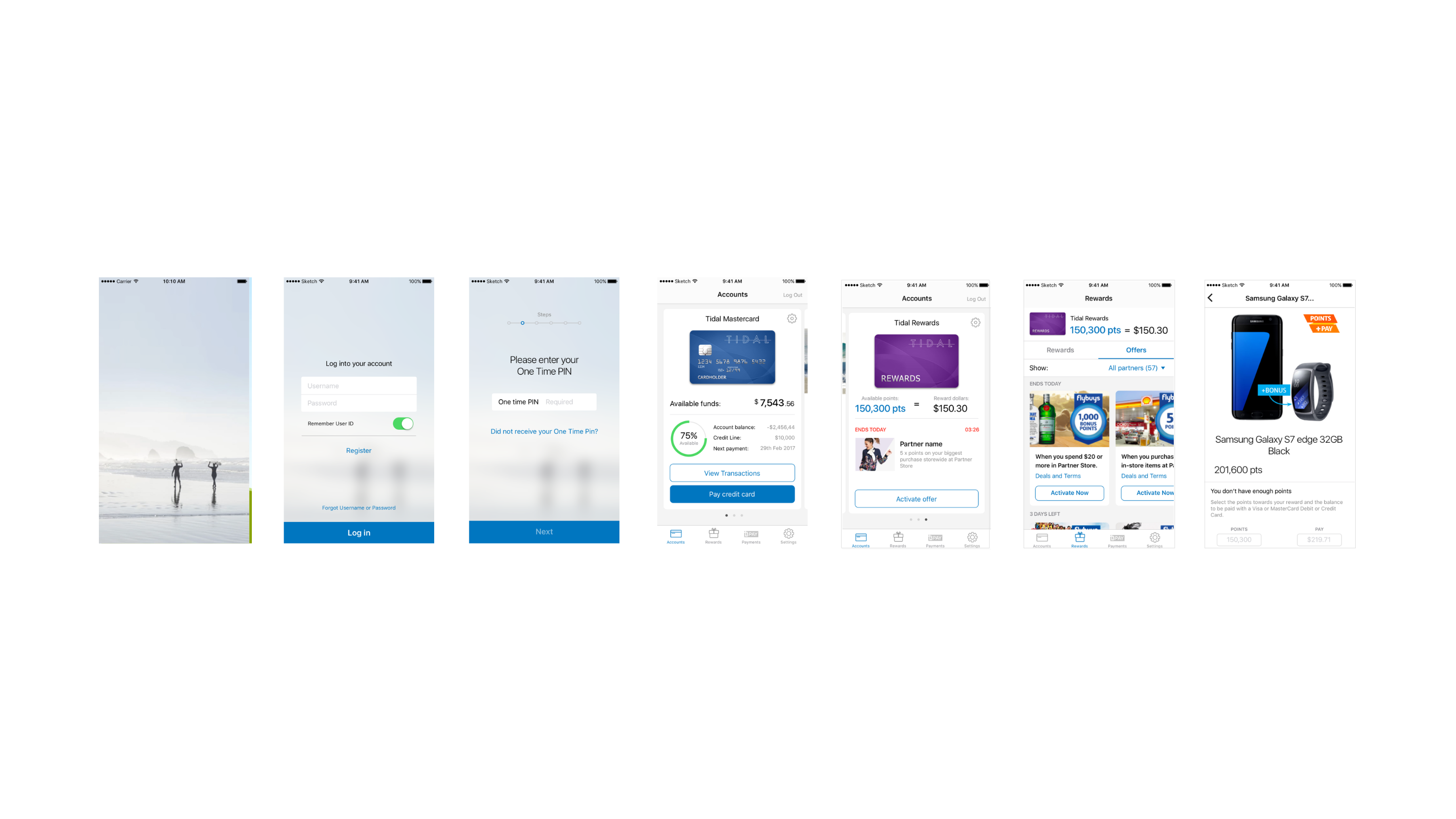 Pantallas del prototipo TIDAL, diseño visual completo de la app bancaria white-label