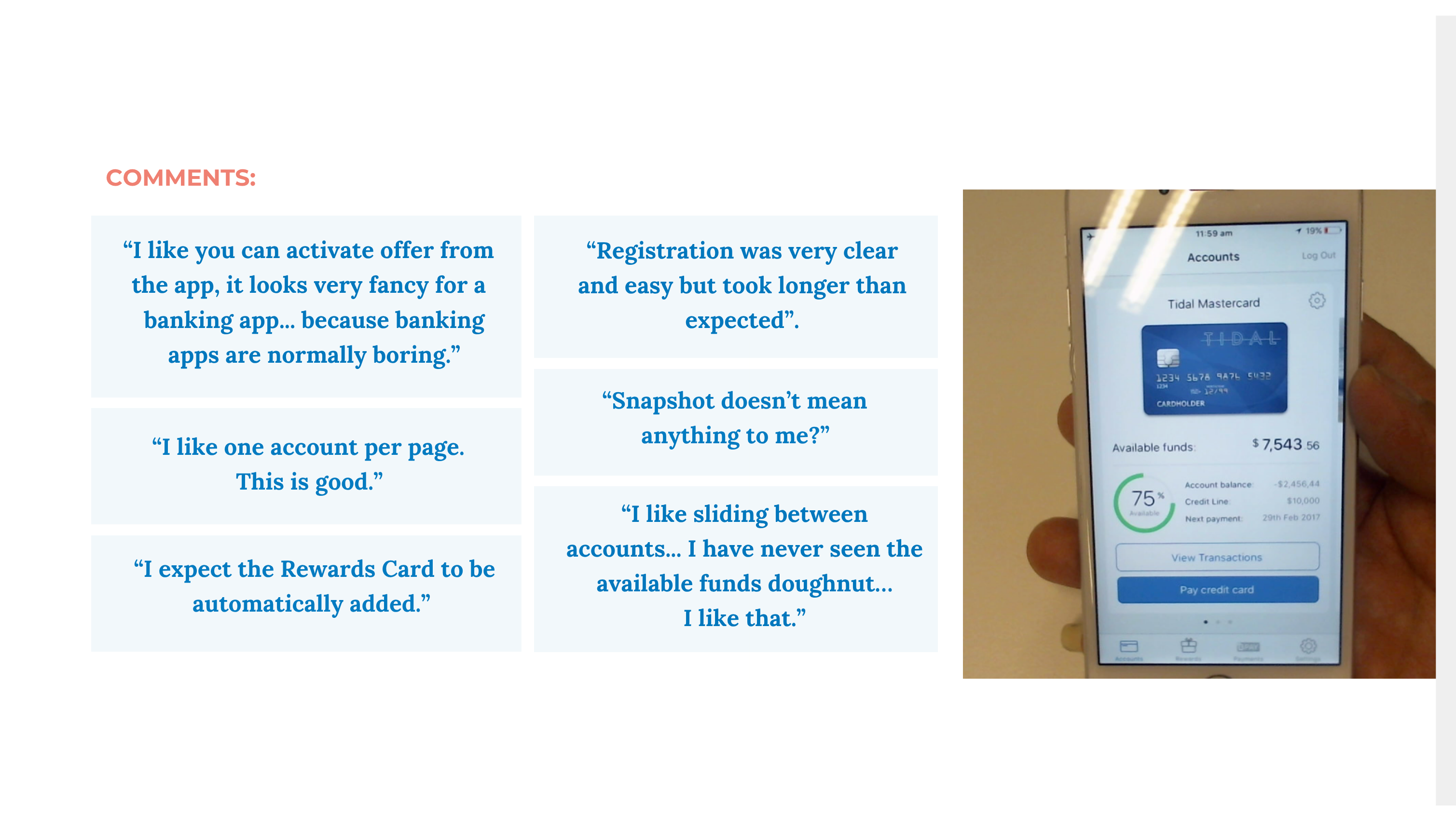 Comentarios de participantes en el user testing de la app Citibank