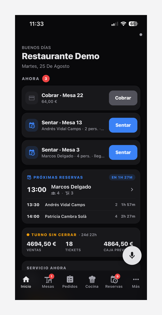 Pantalla de inicio de NowEat con las acciones pendientes